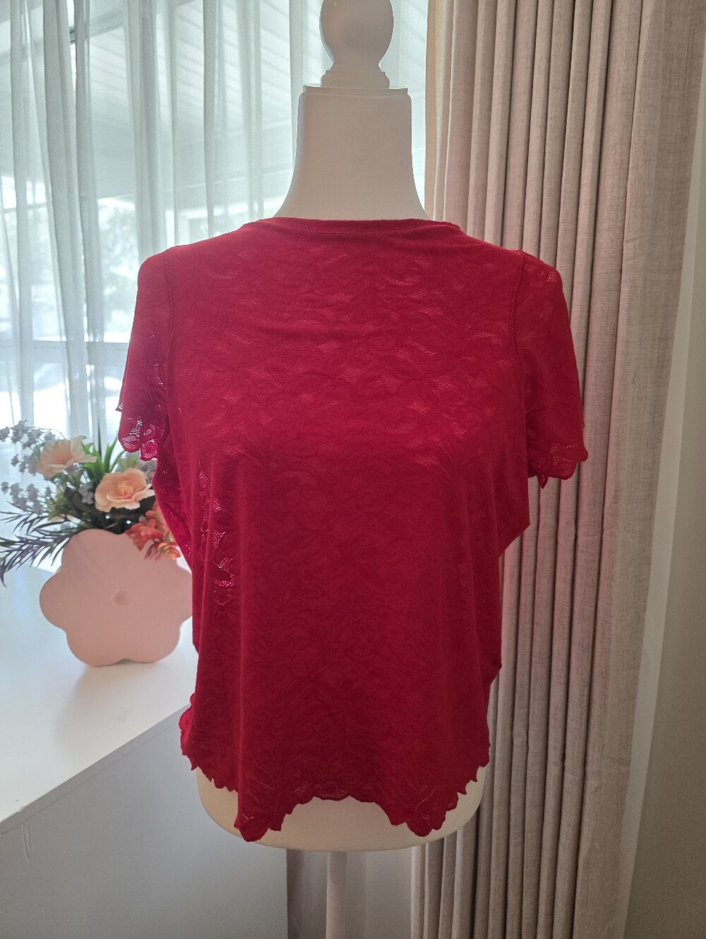 Savage X Fenty Lacy Dreams Sleep Tee Top Romantic Red Lace Sleepwear Large